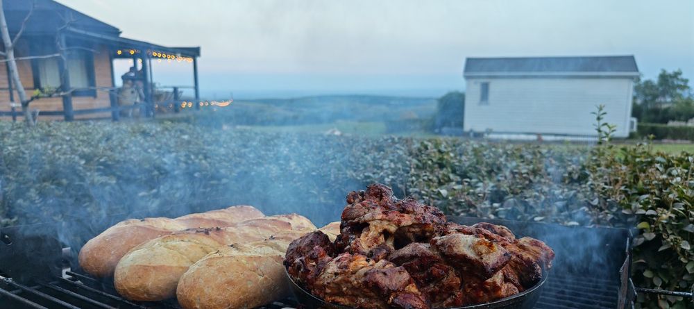 Grillet svinekød i rigelige mængder på grill ved 1001 Village i Jugureni